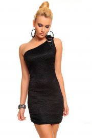 Asymmetrisk sort kjole med skulderpynt
